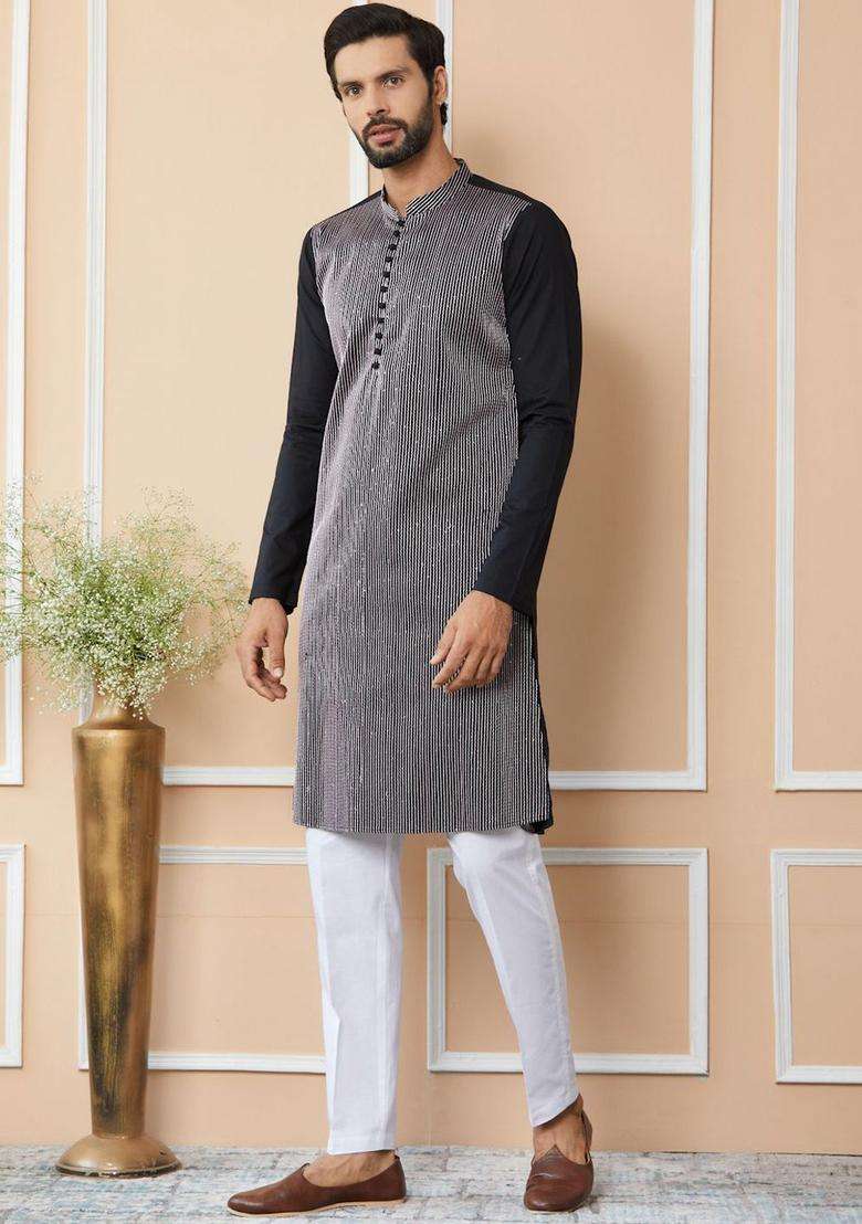 Black Striped Cotton Kurta Set For Men - Indya