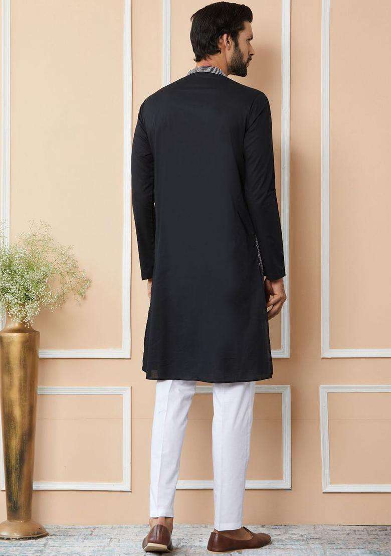 Black Striped Cotton Kurta Set For Men - Indya