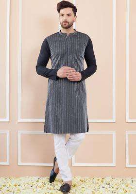 Black Striped Cotton Kurta Set For Men