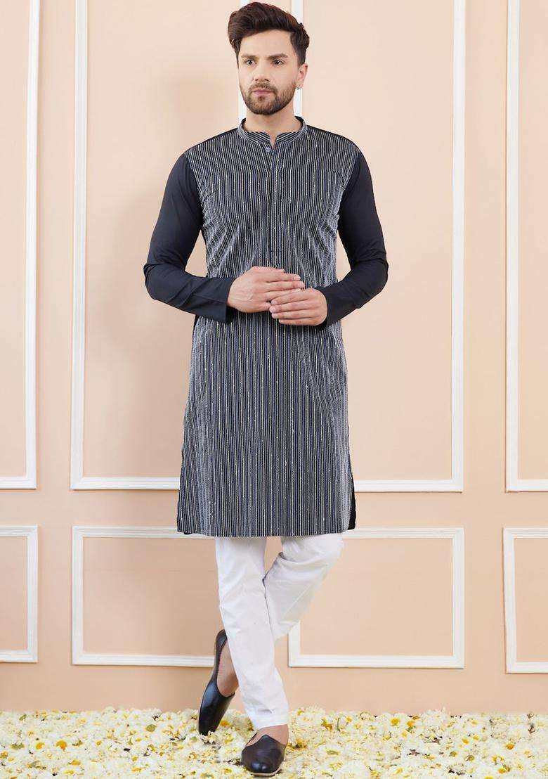 Black Striped Cotton Kurta Set For Men - Indya