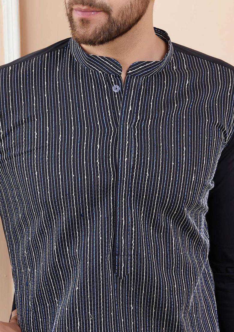 Black Striped Cotton Kurta Set For Men - Indya