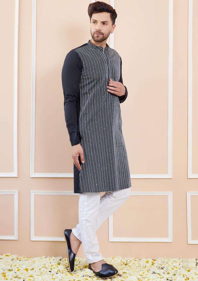 Black Striped Cotton Kurta Set For Men - Indya