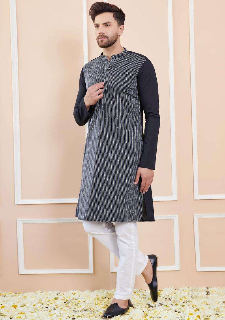 Black Striped Cotton Kurta Set For Men - Indya