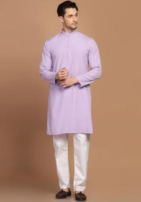 Purple Solid Cotton Kurta Set For Men