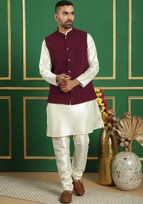 Maroon Embroidered Viscose Kurta Set For Men