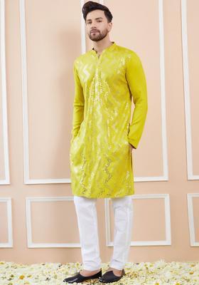 Lime Green Embroidered Viscose Kurta Set For Men
