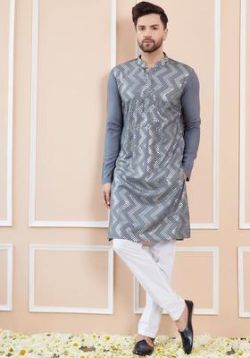 Grey Embroidered Viscose Kurta Set For Men