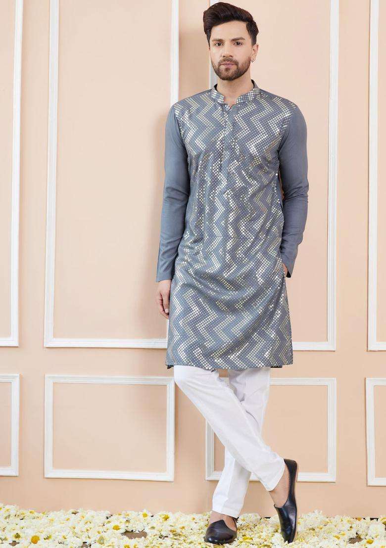 Grey Embroidered Viscose Kurta Set For Men - Indya