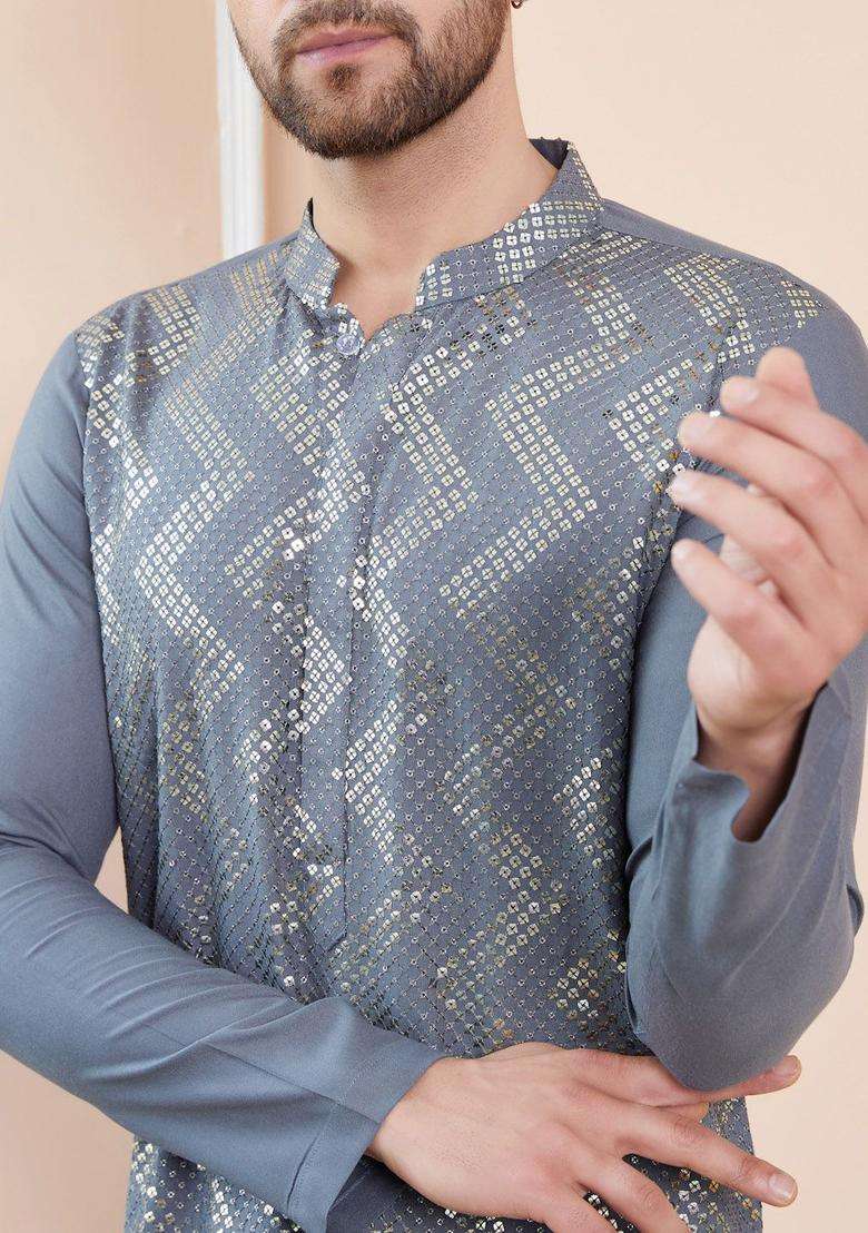 Grey Embroidered Viscose Kurta Set For Men - Indya
