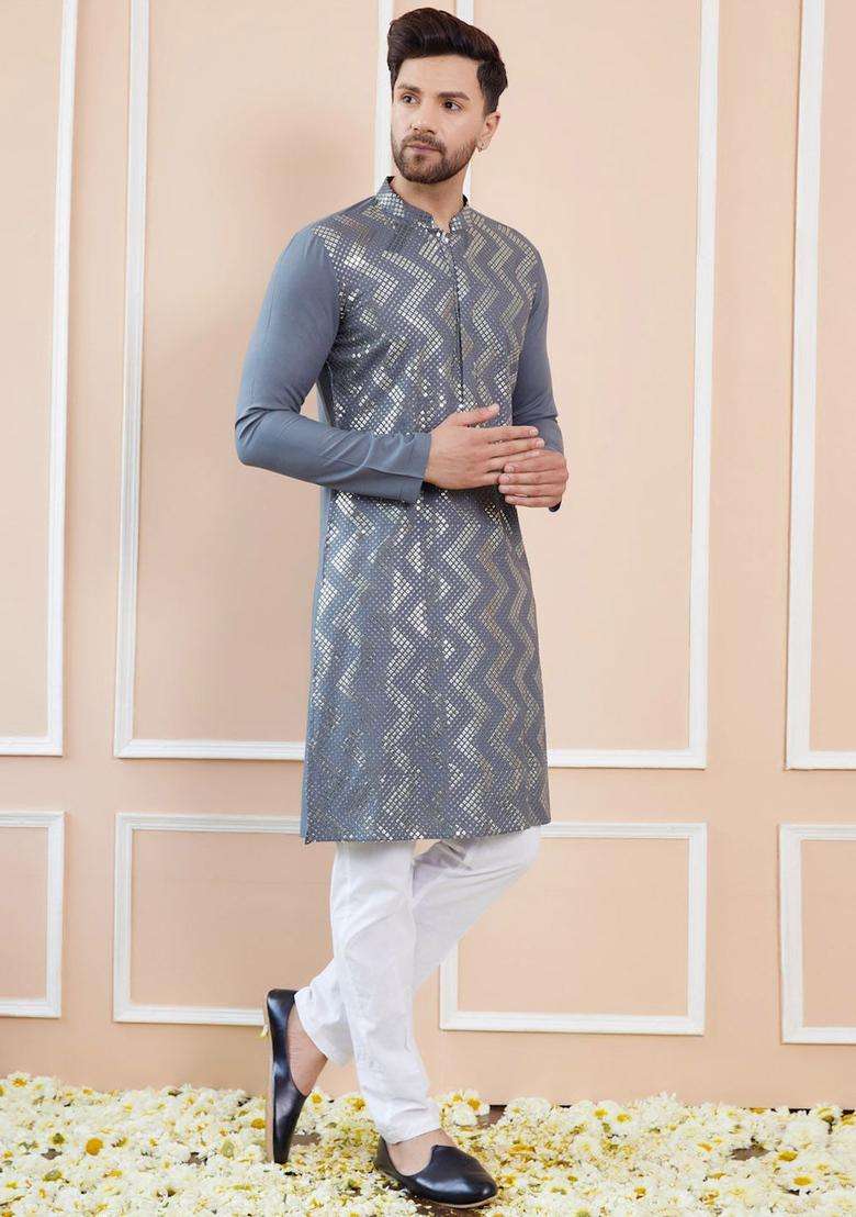 Grey Embroidered Viscose Kurta Set For Men - Indya