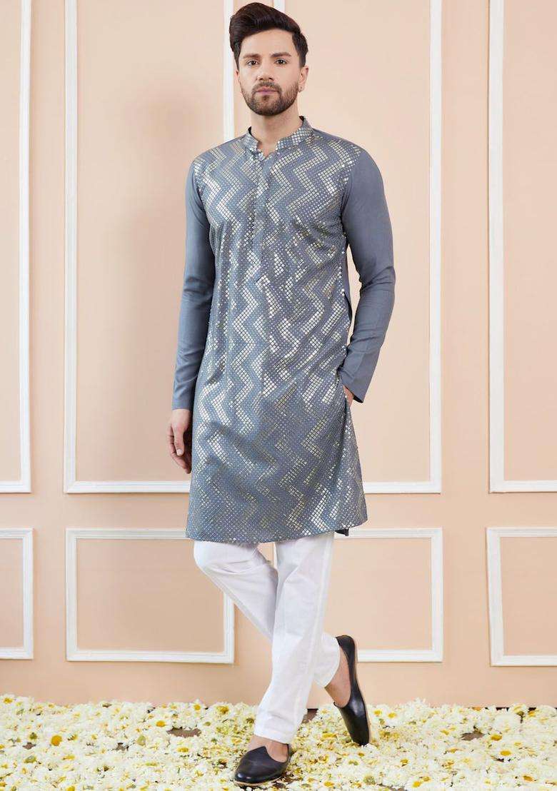 Grey Embroidered Viscose Kurta Set For Men - Indya