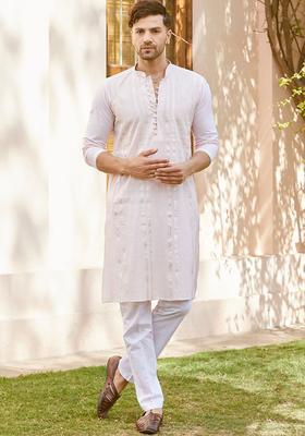 Pink Woven Design Cotton Kurta Set For Men