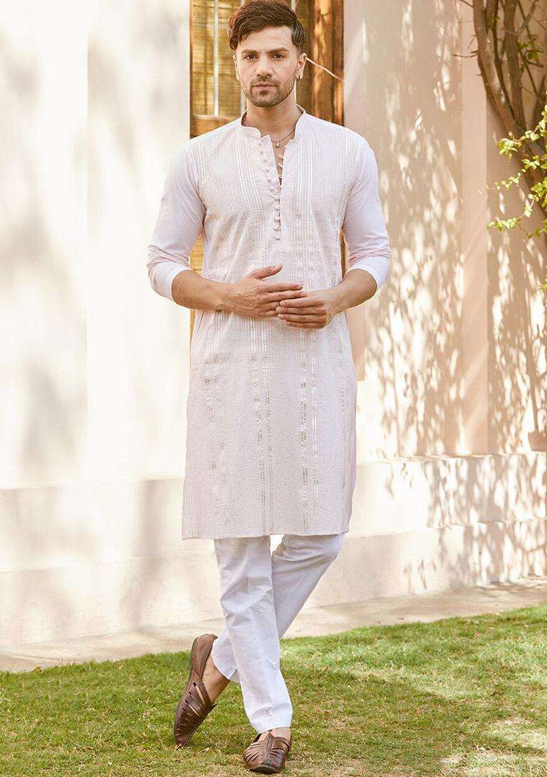 Pink Woven Design Cotton Kurta Set For Men - Indya