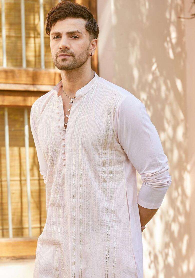 Pink Woven Design Cotton Kurta Set For Men - Indya