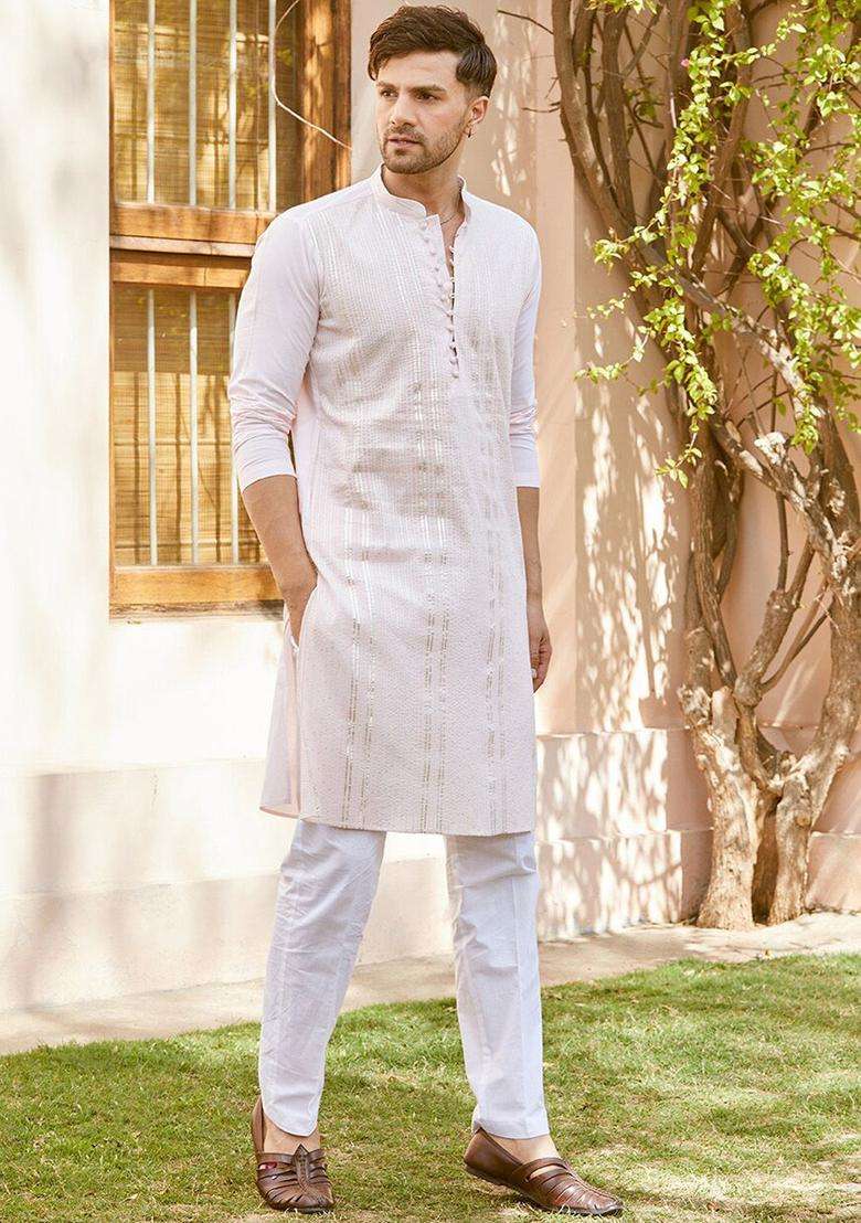 Pink Woven Design Cotton Kurta Set For Men - Indya