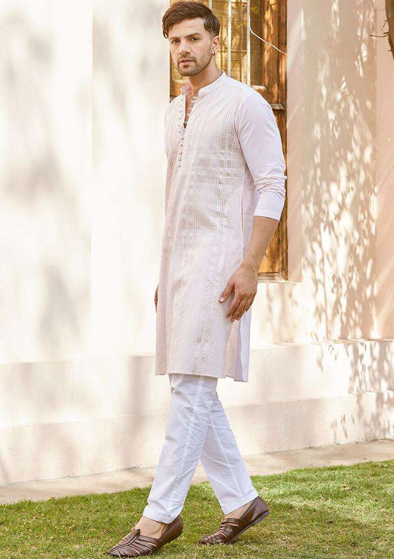 Pink Woven Design Cotton Kurta Set For Men - Indya
