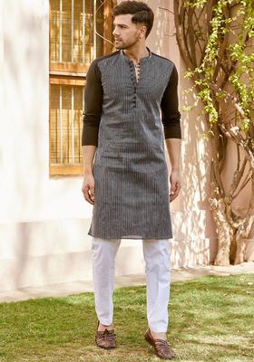 Black Embroidered Cotton Kurta Set For Men
