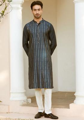 Teal Embroidered Silk Kurta Set For Men