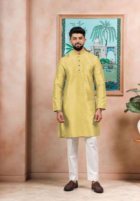 Lime Green Woven Design Silk Kurta Set For Men