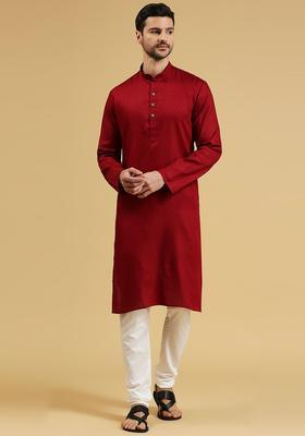 Maroon Woven Design Cotton Kurta Set For Men