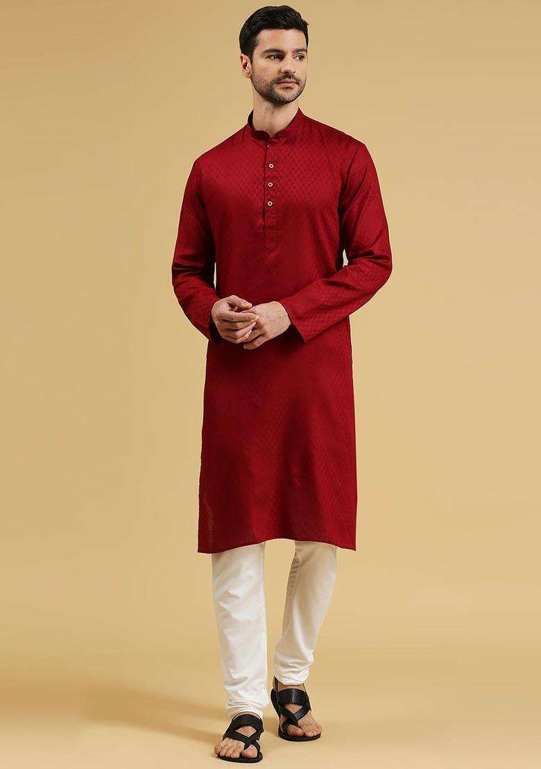 Maroon Woven Design Cotton Kurta Set For Men - Indya