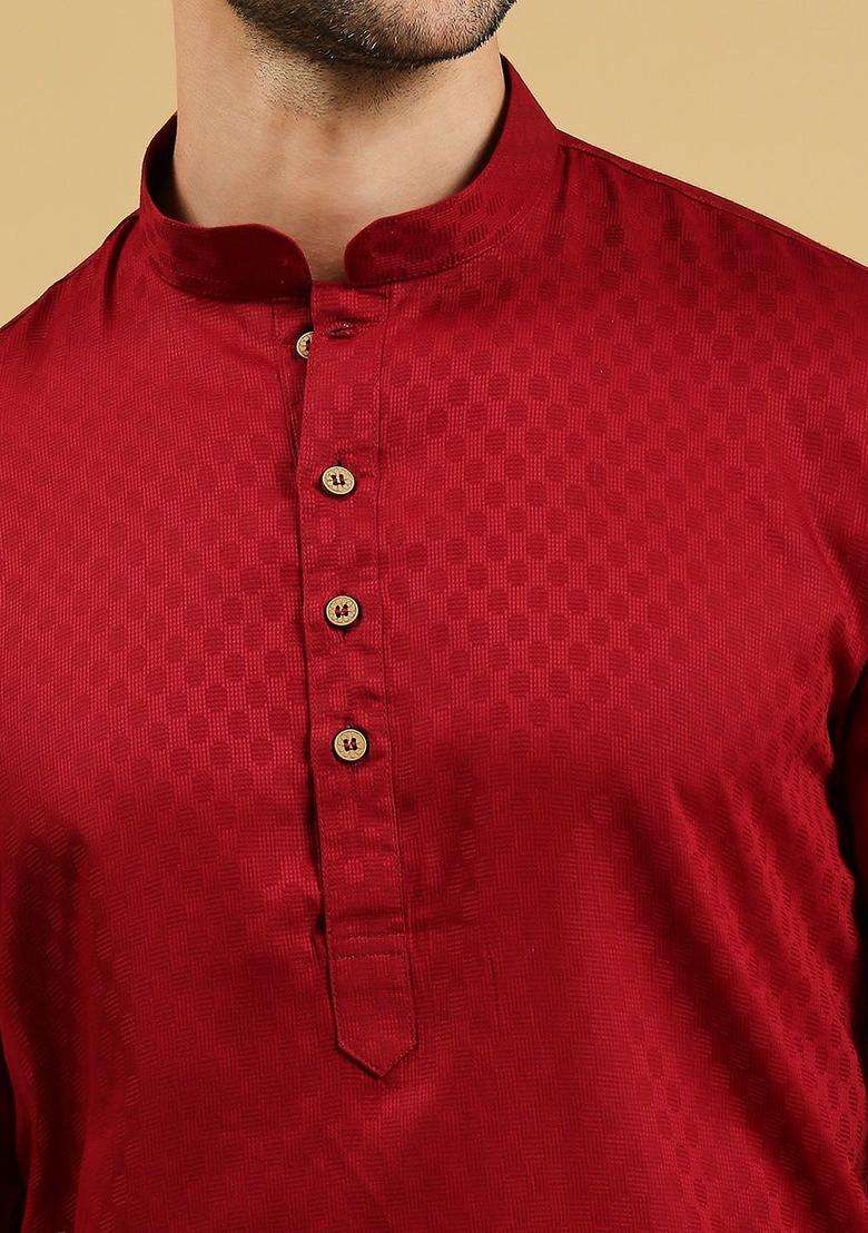 Maroon Woven Design Cotton Kurta Set For Men - Indya