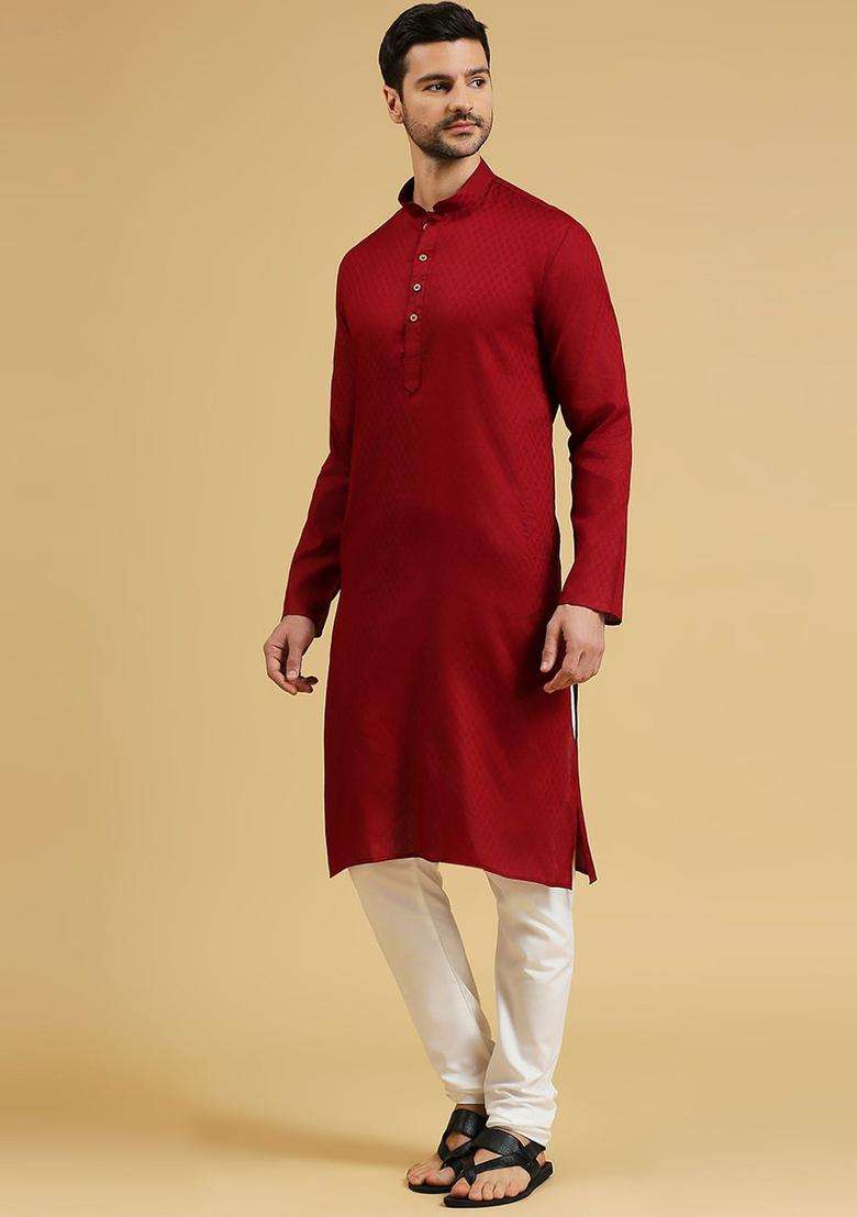 Maroon Woven Design Cotton Kurta Set For Men - Indya