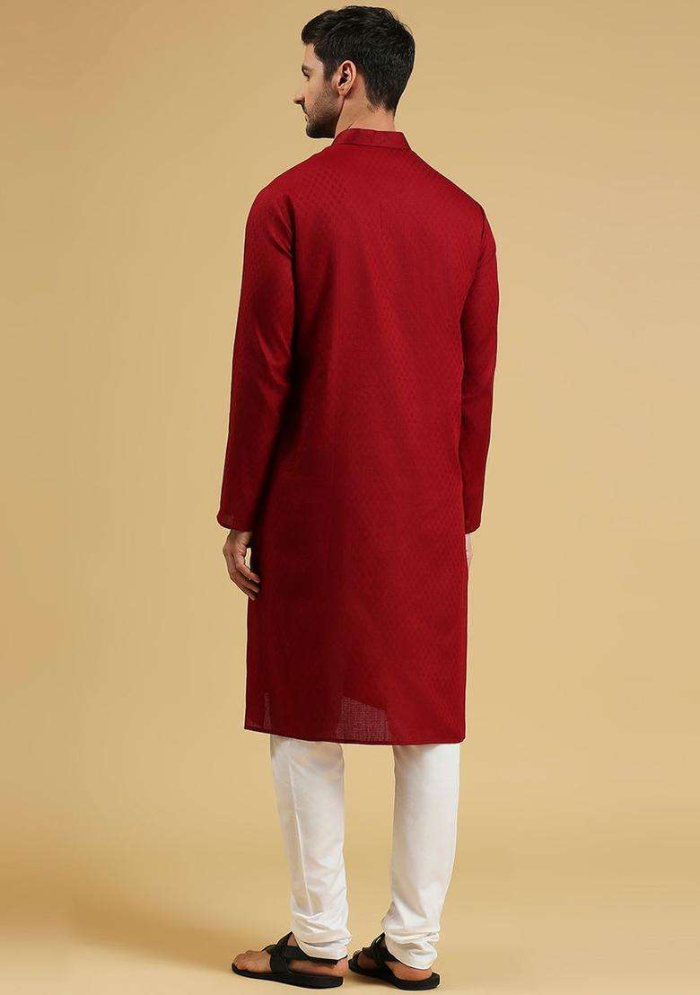 Maroon Woven Design Cotton Kurta Set For Men - Indya