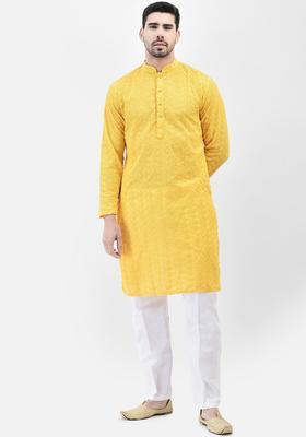 Yellow Embroidered Cotton Kurta Set For Men