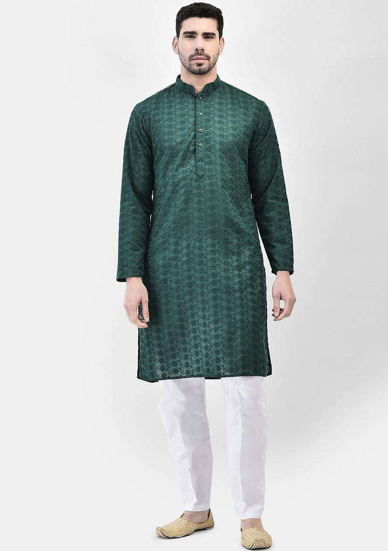 Green Embroidered Cotton Kurta Set For Men - Indya