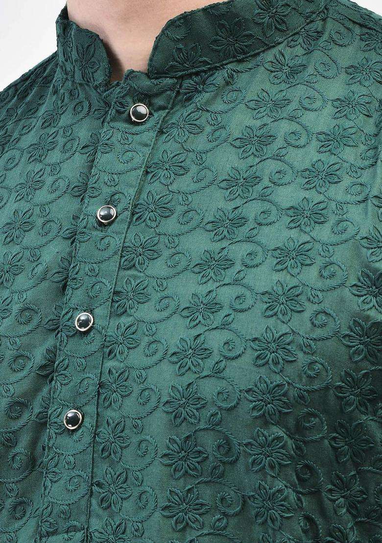 Green Embroidered Cotton Kurta Set For Men - Indya