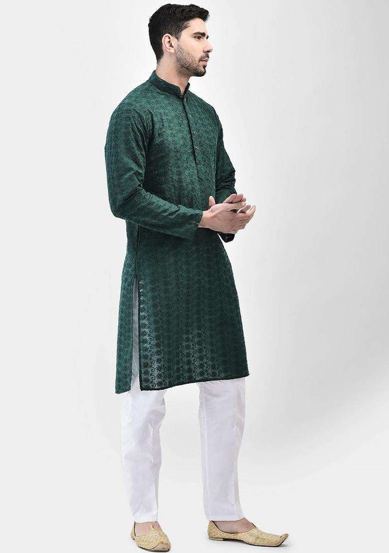 Green Embroidered Cotton Kurta Set For Men - Indya
