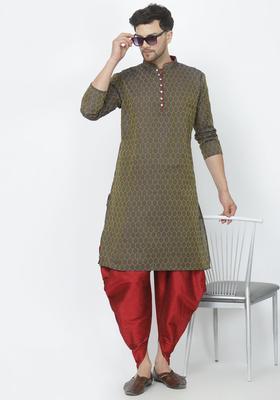 Navy Blue Woven Design Cotton Kurta Set For Men