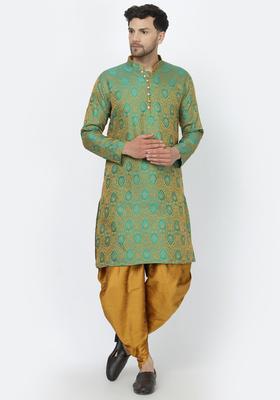 Green Woven Design Silk Kurta Set For Men