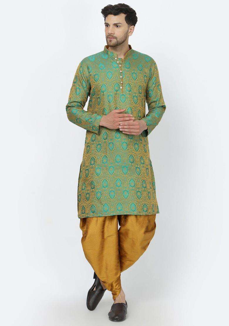 Green Woven Design Silk Blend Kurta Set For Men - Indya