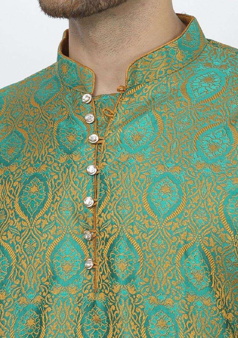 Green Woven Design Silk Blend Kurta Set For Men - Indya