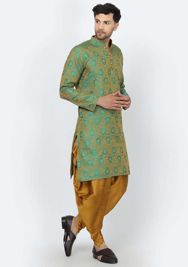 Green Woven Design Silk Blend Kurta Set For Men - Indya