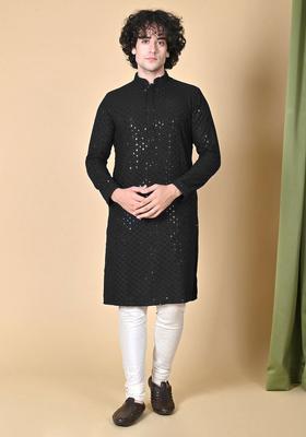 Black Embroidered Cotton Kurta Set For Men