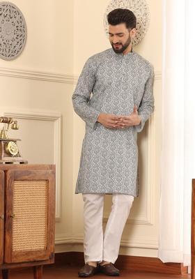 Grey Printed Cotton Kurta Set For Men