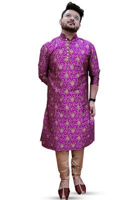 Purple Woven Design Silk Kurta Set For Men