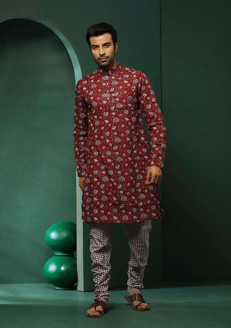 Maroon Printed Cotton Kurta Set For Men - Indya