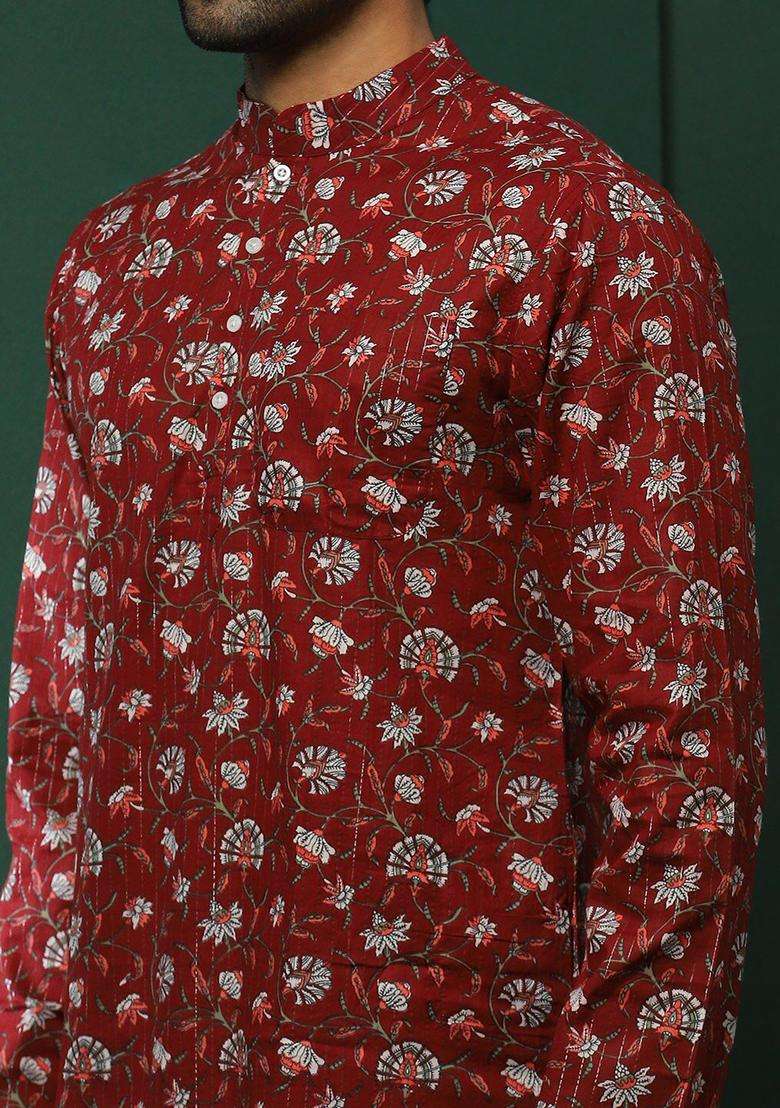 Maroon Printed Cotton Kurta Set For Men - Indya