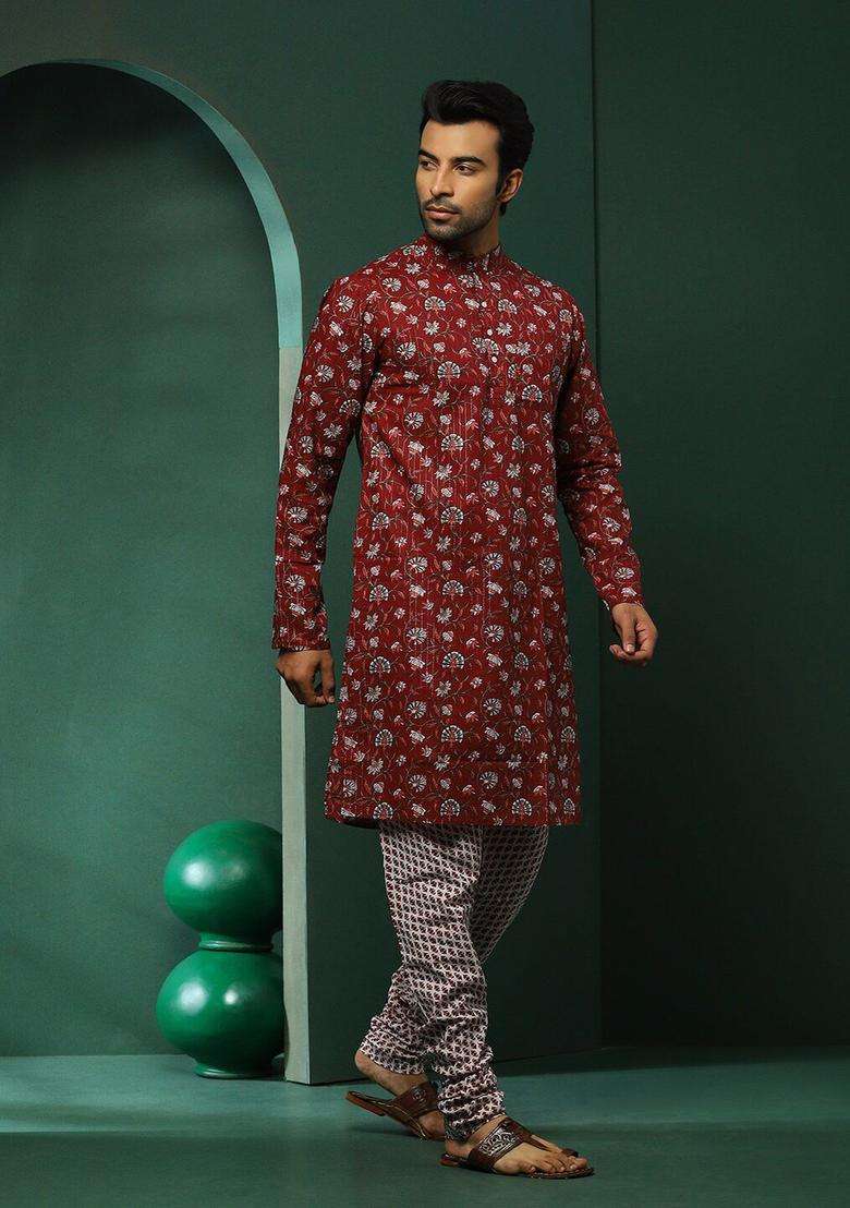 Maroon Printed Cotton Kurta Set For Men - Indya