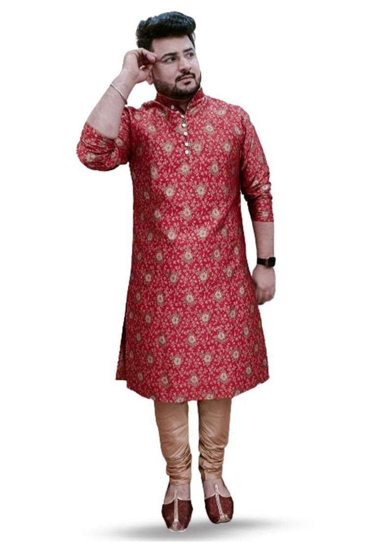 Maroon Woven Design Silk Blend Kurta Set For Men - Indya