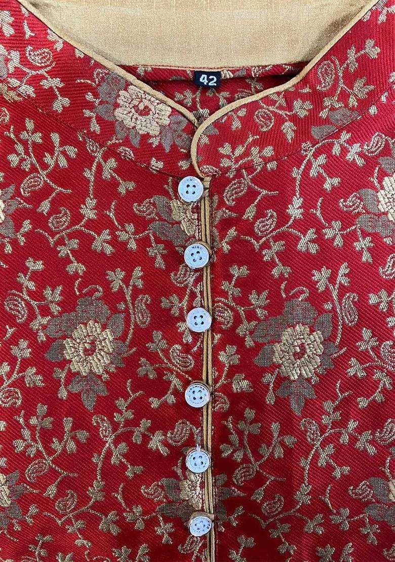 Maroon Woven Design Silk Blend Kurta Set For Men - Indya