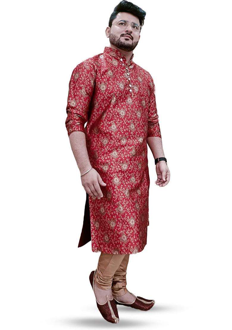 Maroon Woven Design Silk Blend Kurta Set For Men - Indya