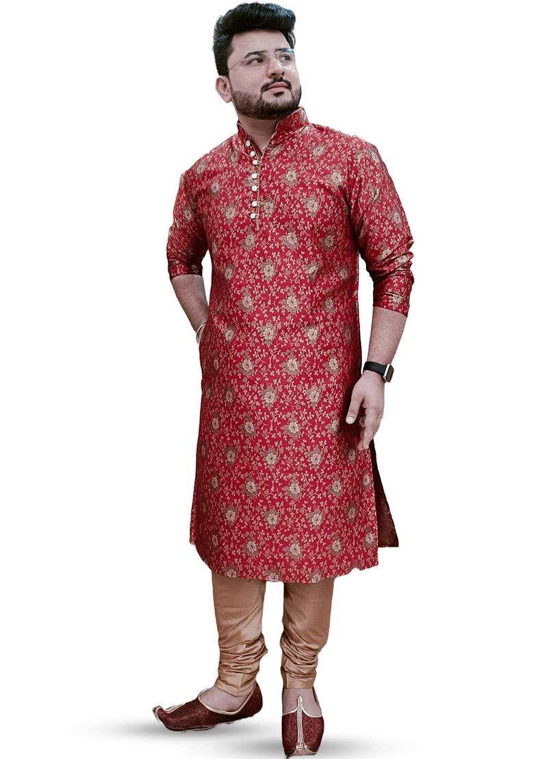 Maroon Woven Design Silk Blend Kurta Set For Men - Indya