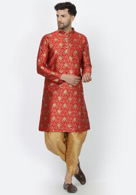 Maroon Woven Design Silk Kurta Set For Men