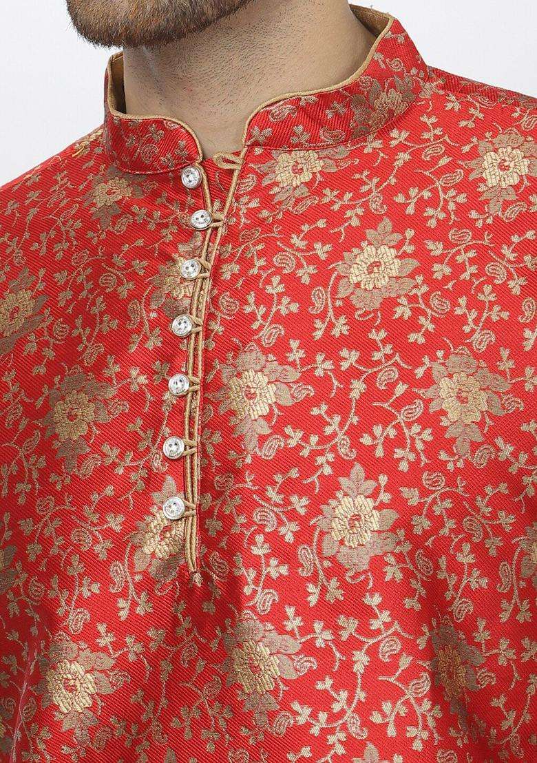 Maroon Woven Design Silk Blend Kurta Set For Men - Indya