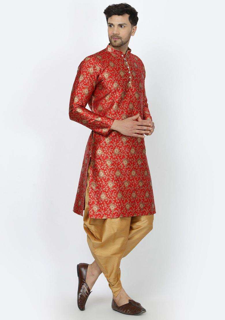 Maroon Woven Design Silk Blend Kurta Set For Men - Indya